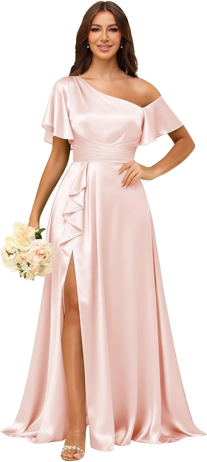 Short Sleeve Satin Bridesmaid Dresses for Women Ruffle One Shoulder Formal Evening Gowns with Slit