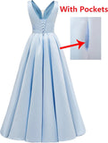 Glitter Satin Prom Dresses for Women Long V Neck A-Line Pleated Formal Evening Party Gowns with Pockets