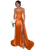 Lace Satin Prom Dresses for Women 2026 Long Mermaid Spaghetti Straps Corset Formal Evening Party Dress with Slit