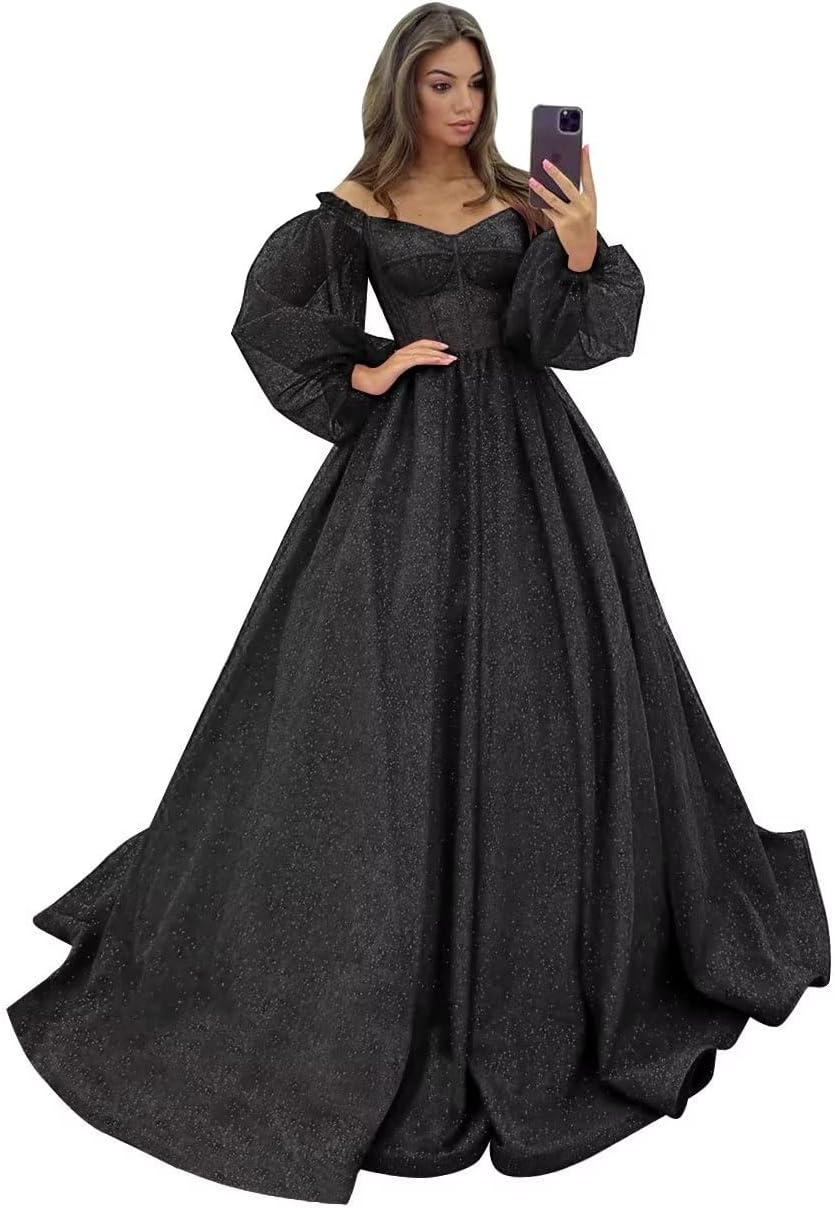 Puffy Sleeve Glitter Prom Dresses Women's Ball Gown Off Shoulder Formal Evening Gown Princess Quinceanera Dress
