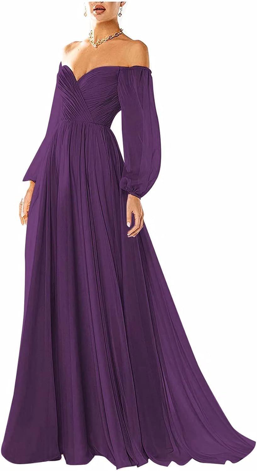 Vestido de fiesta con hombros descubiertos, manga larga, estilo formal, plisado, corte A, para mujer