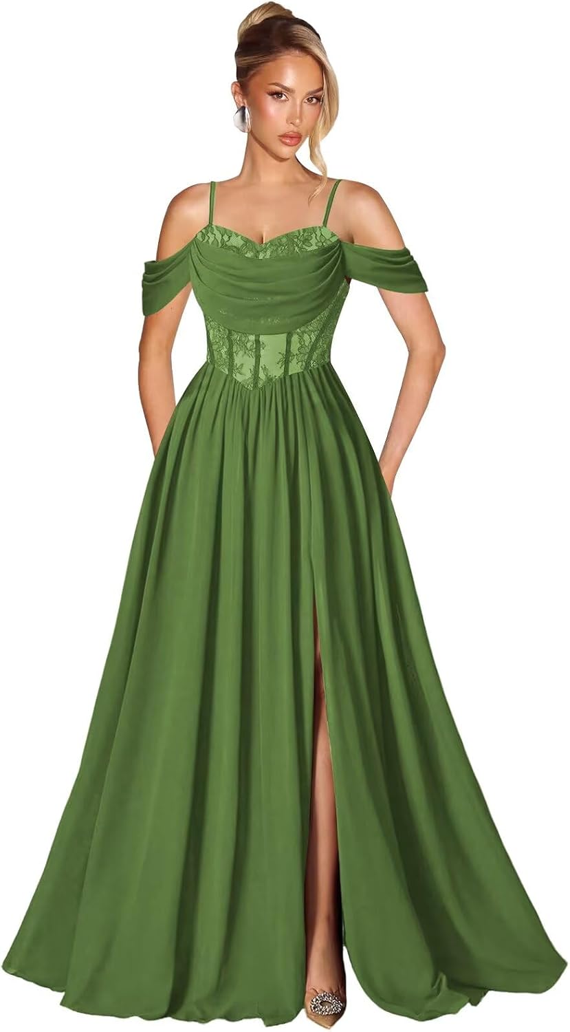 Off Shoulder Lace Applique Prom Dress with Slit A Line Ball Gown Pleated Corset Long Formal Evening Dresses