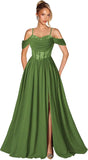 Off Shoulder Lace Applique Prom Dress with Slit A Line Ball Gown Pleated Corset Long Formal Evening Dresses