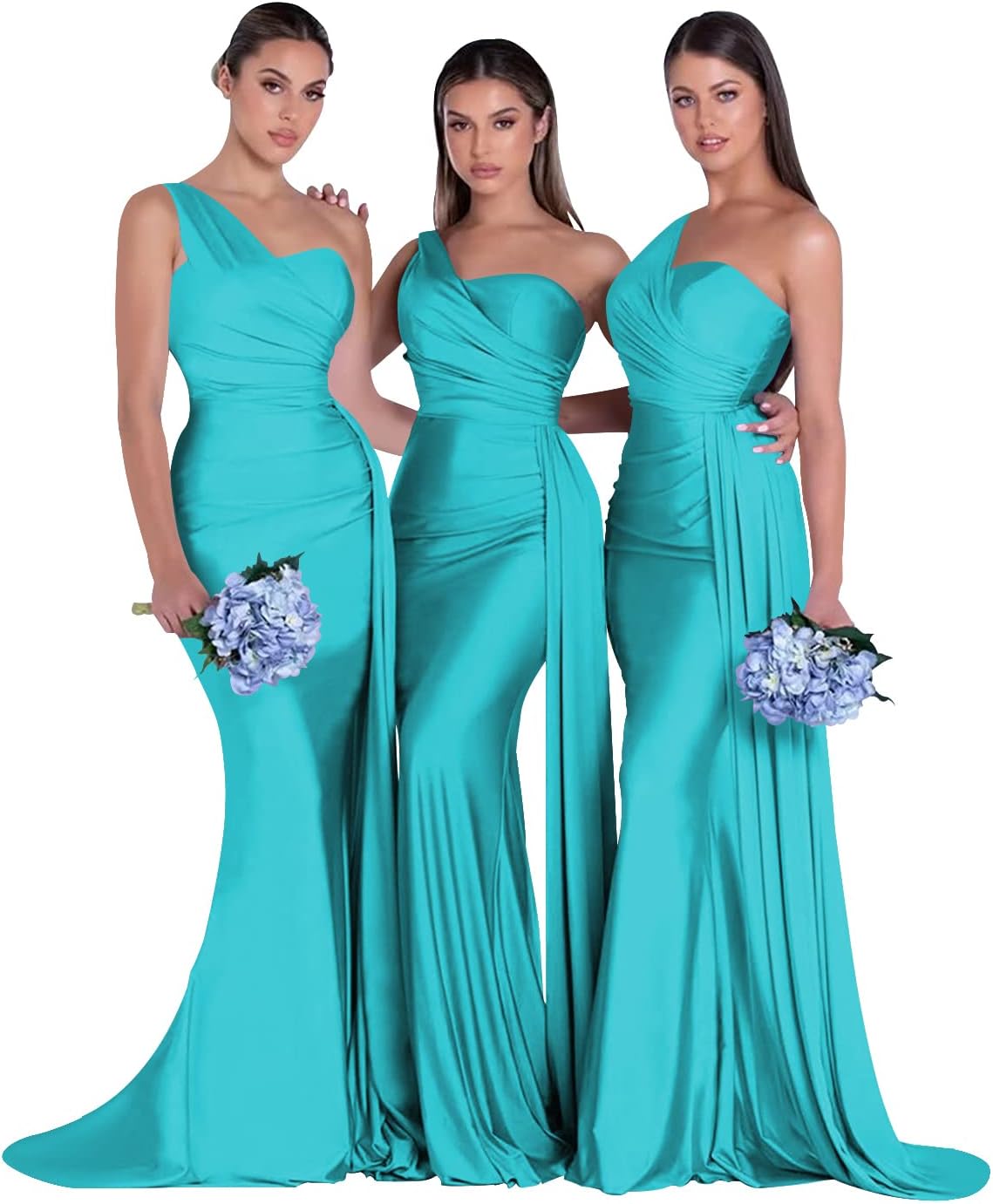 Women's One Shoulder Mermaid Bridesmaid Dresses Long Ruched Bodycon Satin Formal Prom Gowns