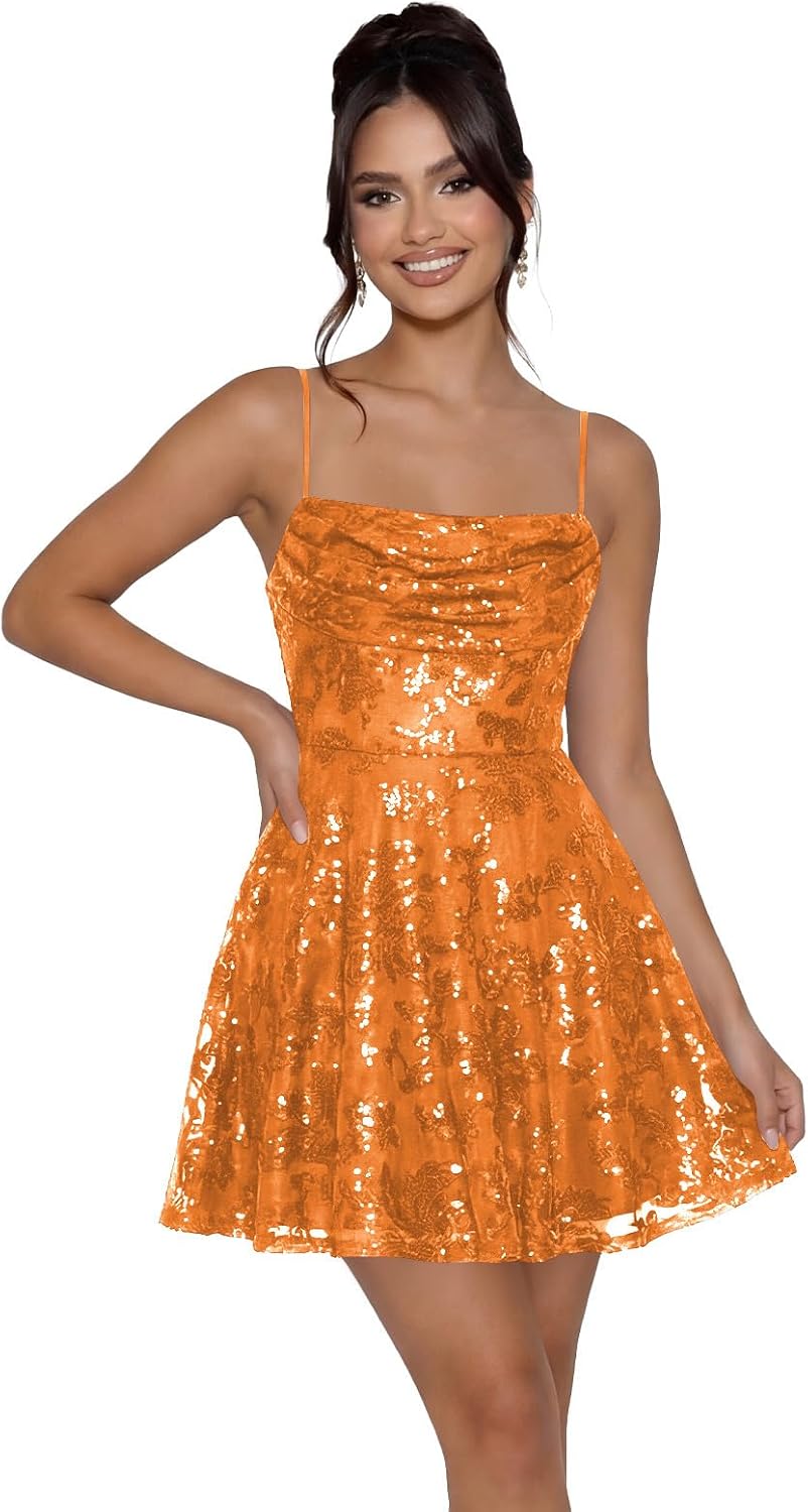 Sequin Prom Dresses 2026 for Teens Spaghetti Straps Cowl Neck Short Cocktail Party Dress