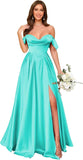 Off Shoulder Satin Bridesmaid Dresses Long Pleated Formal Dresses A Line Evening Gowns with Slit