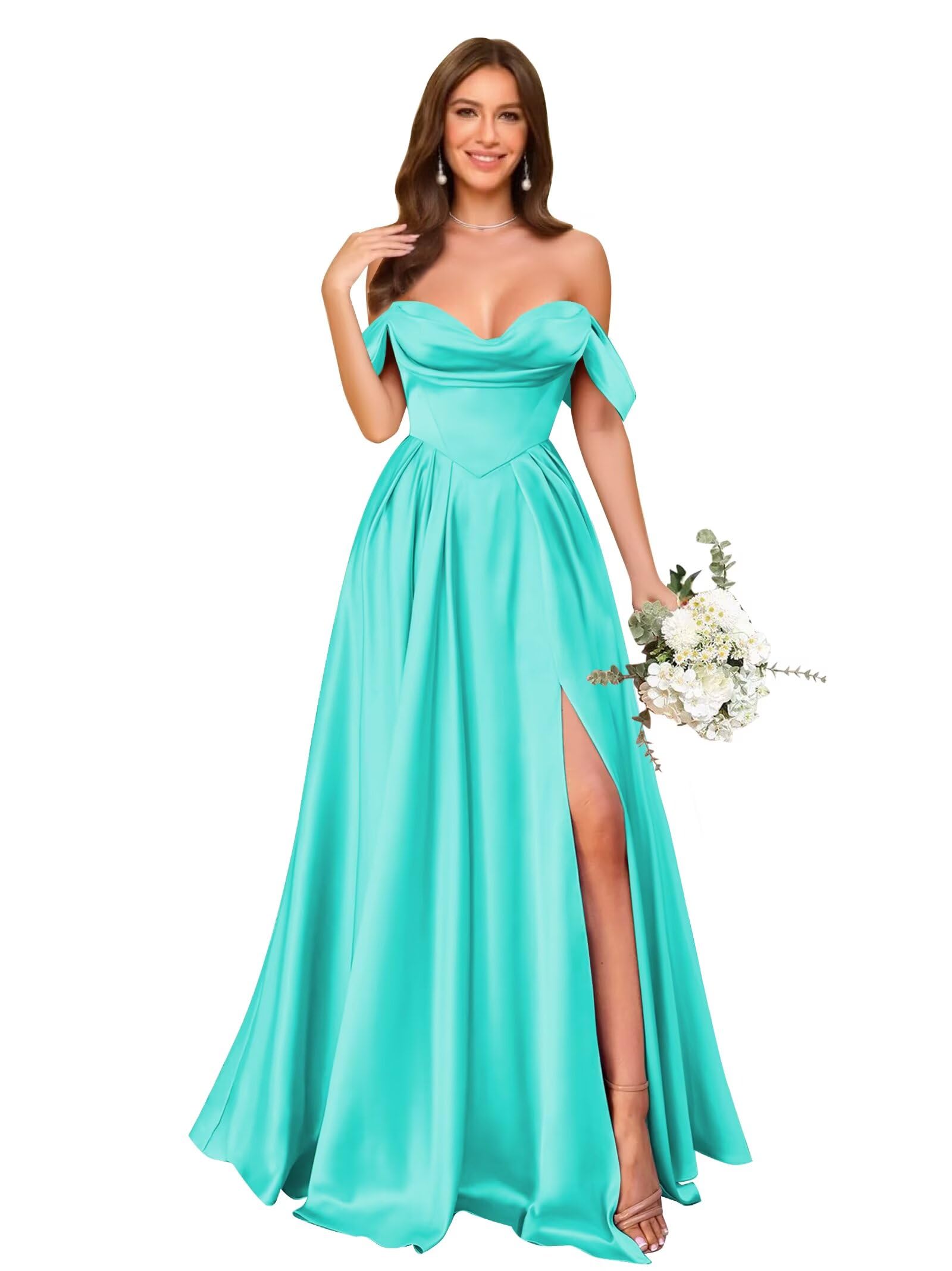 Off Shoulder Satin Bridesmaid Dresses Long Pleated Formal Dresses A Line Evening Gowns with Slit