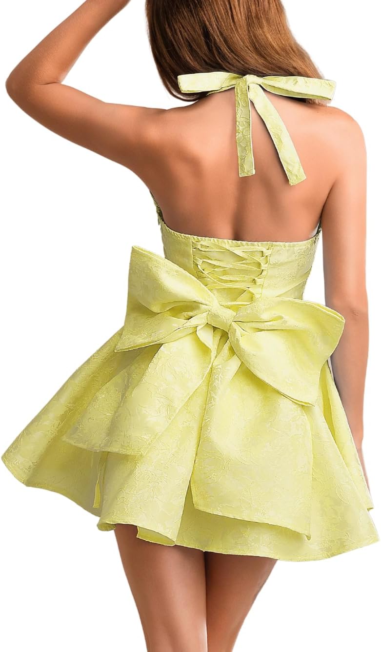 Jacquard Corset Dress,Deep V Halter Mini Dresses with Bow Back,Sexy Birthday Outfits Women Homecoming Prom Formal
