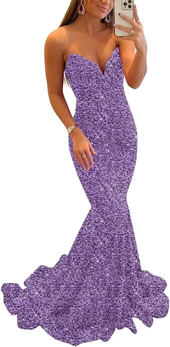 Women's Strapless Sequin Prom Dresses with Train Criss-Cross Mermaid Long Formal Evening Gowns