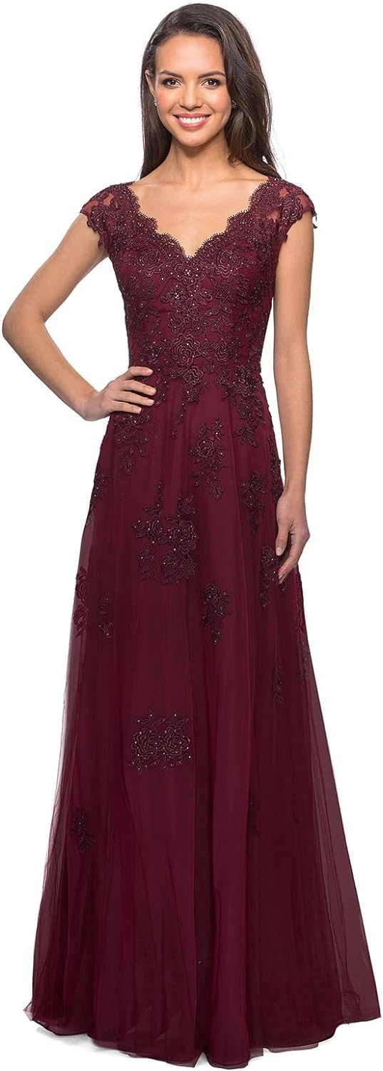 Women's V Neck Cap Sleeves Mother of The Bride Dresses Long Lace Formal Prom Evening Gowns with Pockets