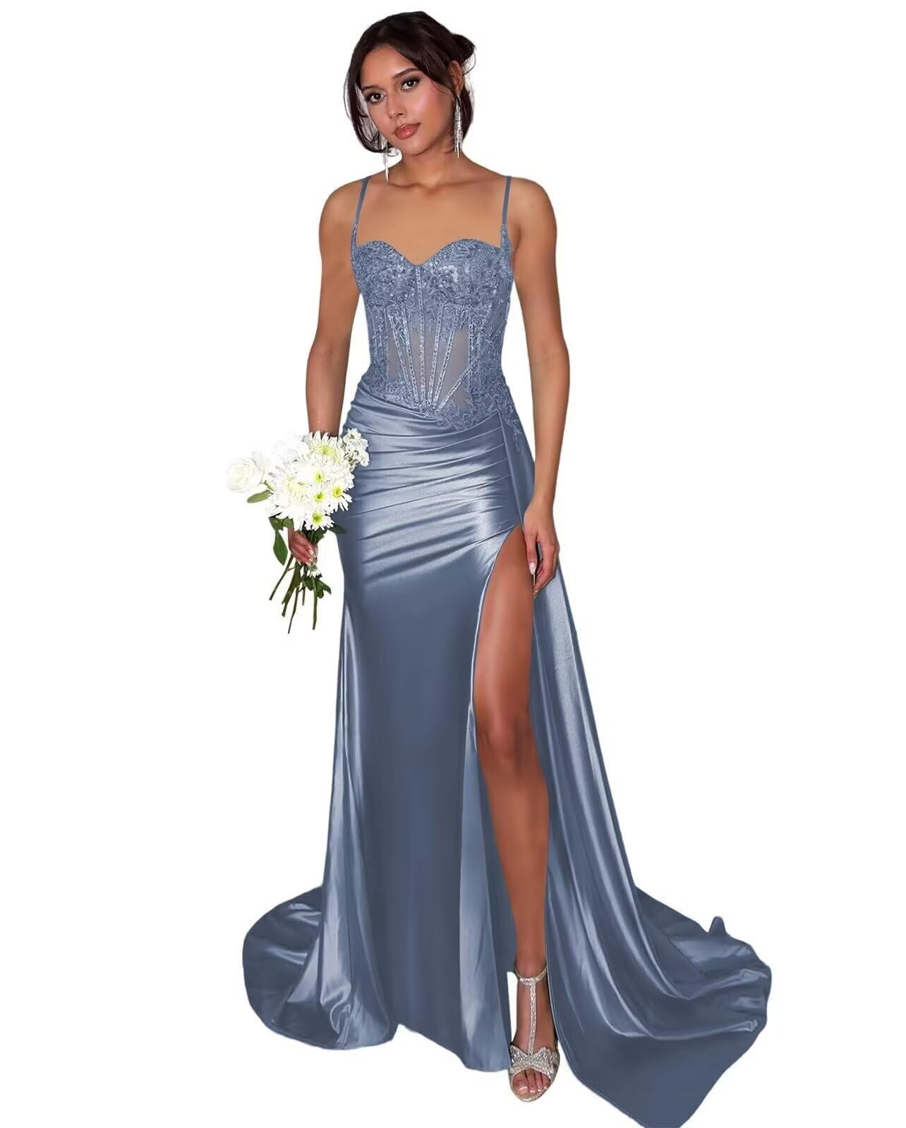 Lace Satin Prom Dresses for Women 2026 Long Mermaid Spaghetti Straps Corset Formal Evening Party Dress with Slit