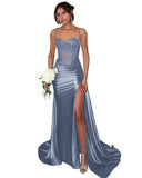 Lace Satin Prom Dresses for Women 2026 Long Mermaid Spaghetti Straps Corset Formal Evening Party Dress with Slit