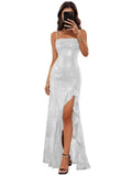 Sparkly Sequin Spaghetti Straps Prom Dresses 2026 Long Ruffles Pleated Formal Evening Dress with Slit
