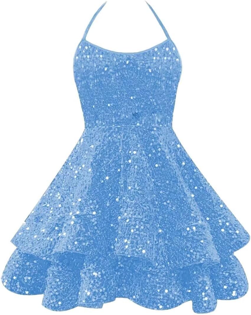 Sparkly Sequin Homecoming Dresses 2026 Spaghetti Straps Tiered Prom Dresses for Teens Short Cocktail Party Gowns