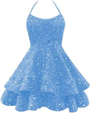 Sparkly Sequin Homecoming Dresses 2026 Spaghetti Straps Tiered Prom Dresses for Teens Short Cocktail Party Gowns