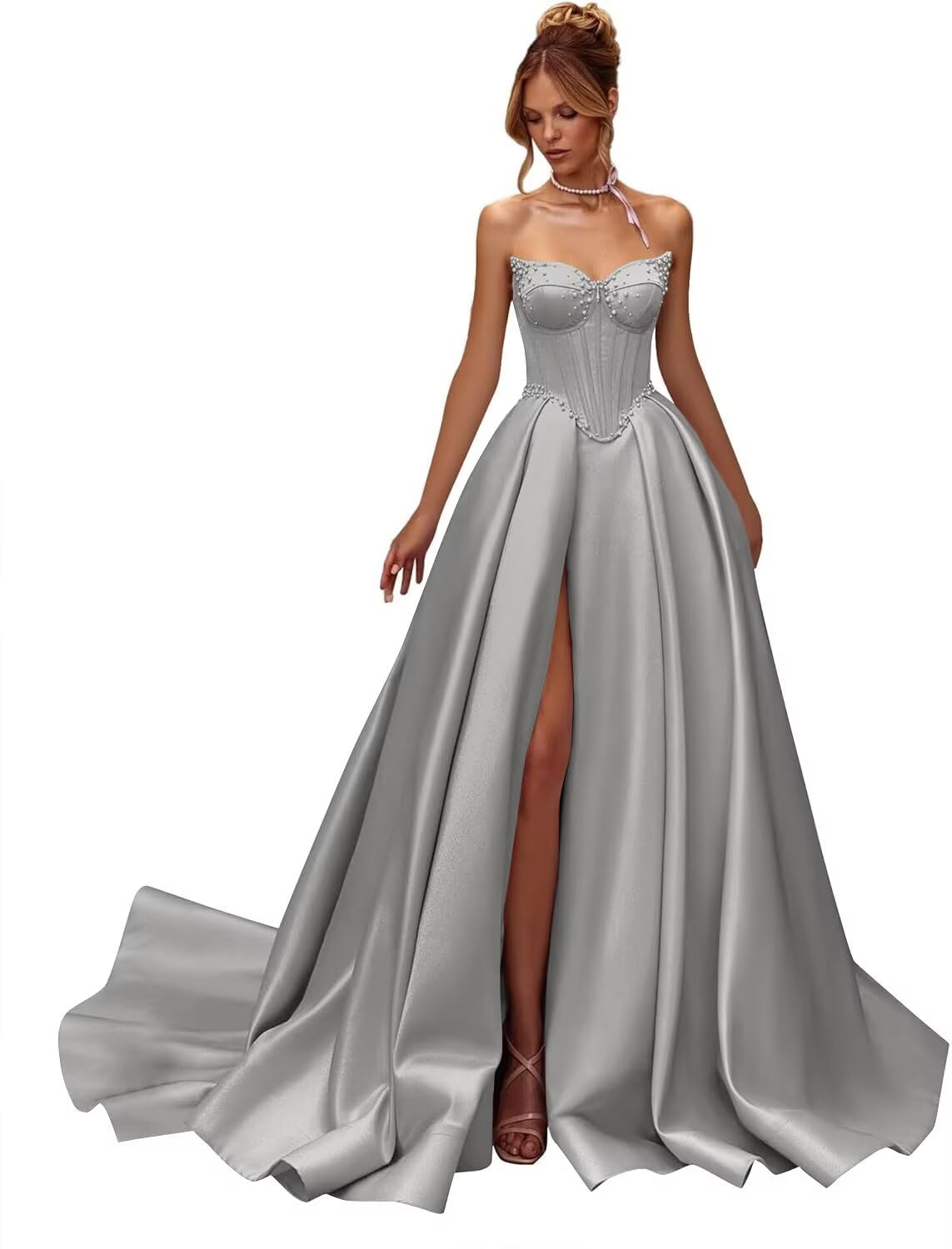Kingbridal Gowns Strapless Prom Dresses for Women 2026 Long Satin A-line Formal Dress with Slit Beaded Corset Evening Party Gowns