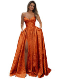 Satin Spaghetti Straps Prom Dresses for Women Jacquard Aline Backless Formal Evening Party Ball Gowns with Pockets