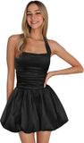 Satin Halter Homecoming Dresses for Teens Short Prom Dress 2027 Flower Bud Ruched Formal Cocktail Gown with Pockets