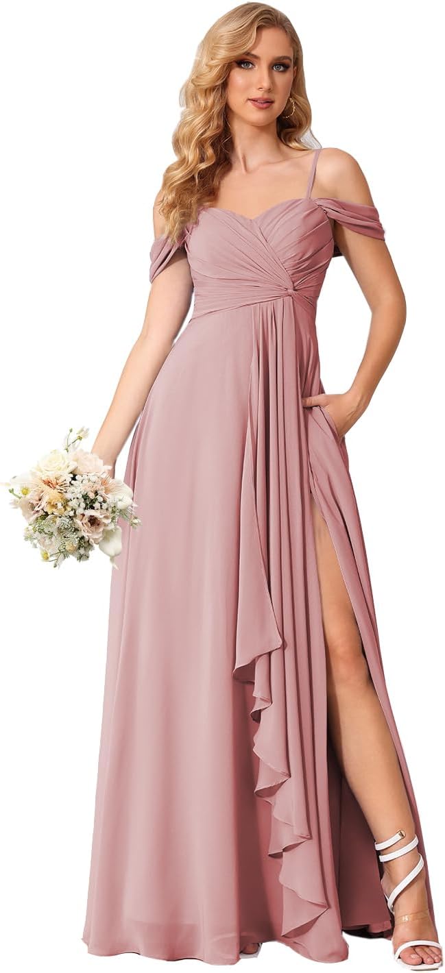 Damen Schulterfreies Brautjungfernkleid Lang mit Schlitz Chiffon Rüschen Falten Formales Partykleid 
