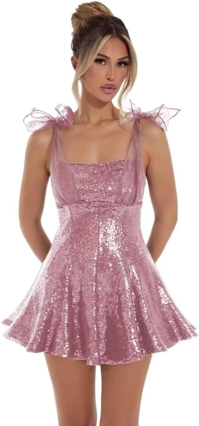 Sparkly Sequin Homecoming Dresses for Teens 2027 Spaghetti Strap Short Prom Dress with Bow Glitter Tulle Cocktail Party Gown