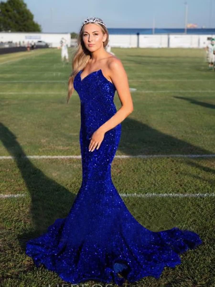 Women's Strapless Sequin Prom Dresses with Train Criss-Cross Mermaid Long Formal Evening Gowns
