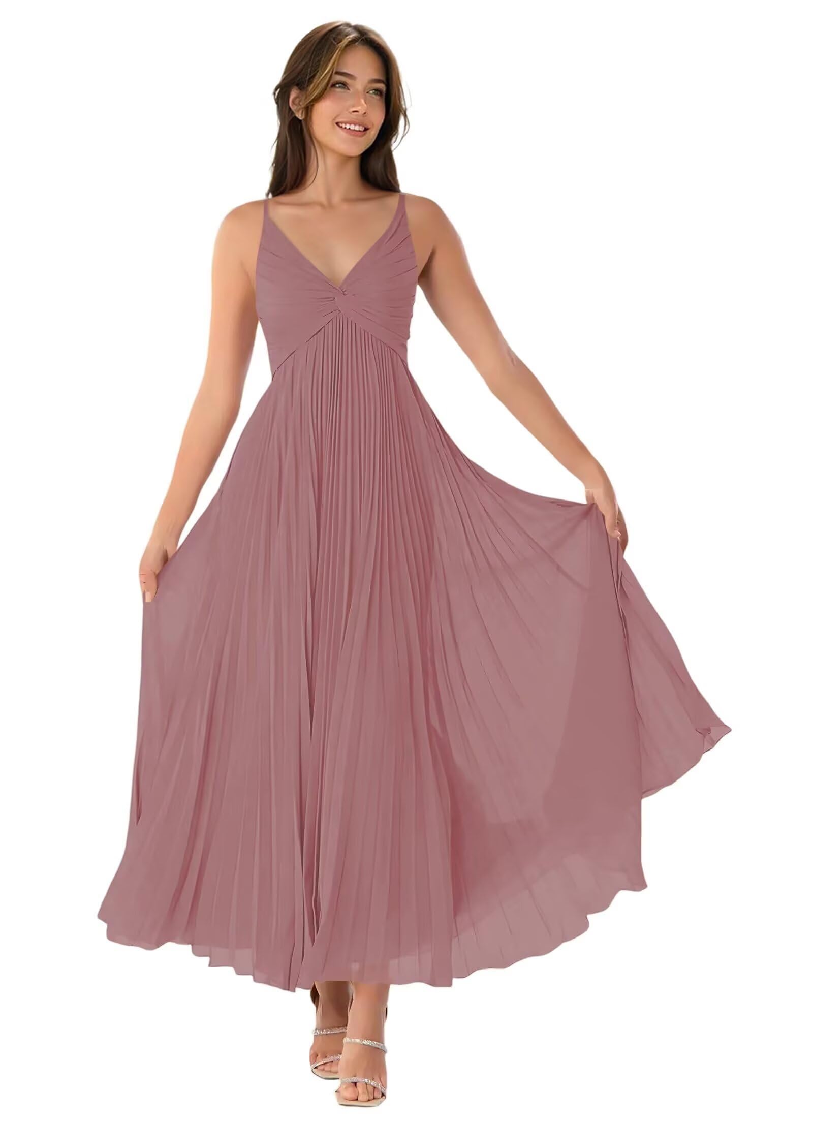 V-Neck Pleated Bridesmaid Dresses for Women Chiffon Spaghetti Straps Pleates Long Formal Wedding Guest Dress