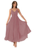 V-Neck Pleated Bridesmaid Dresses for Women Chiffon Spaghetti Straps Pleates Long Formal Wedding Guest Dress