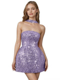 Strapless Sequin Homecoming Dresses for Teens Short Prom Dress Sparkly A-Line Cocktail Party Gowns with Pockets