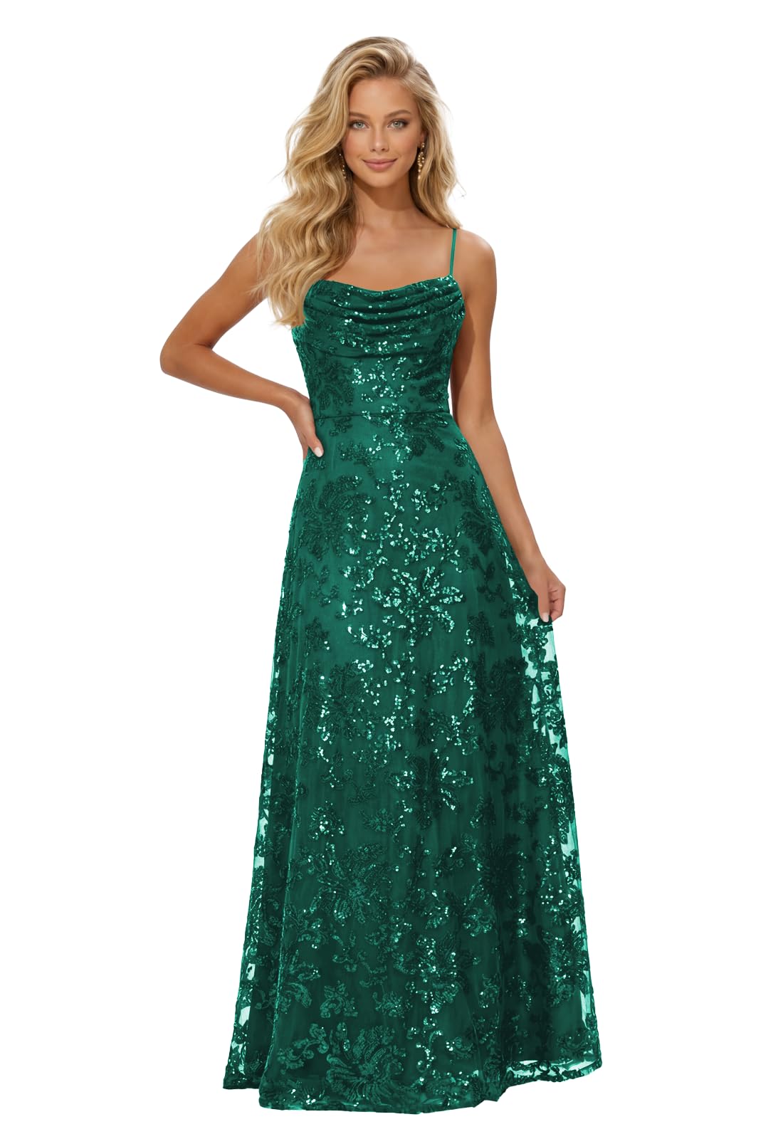 Lace Sequin Prom Dresses Spaghetti Straps A-Line Cowl Neck Pleated Sparkly Long Formal Evening Party Gowns