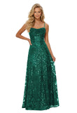 Lace Sequin Prom Dresses Spaghetti Straps A-Line Cowl Neck Pleated Sparkly Long Formal Evening Party Gowns