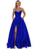 Strapless Jacquard Satin Prom Dresses for Women Corset A Line Long Formal Evening Party Gowns with Slit