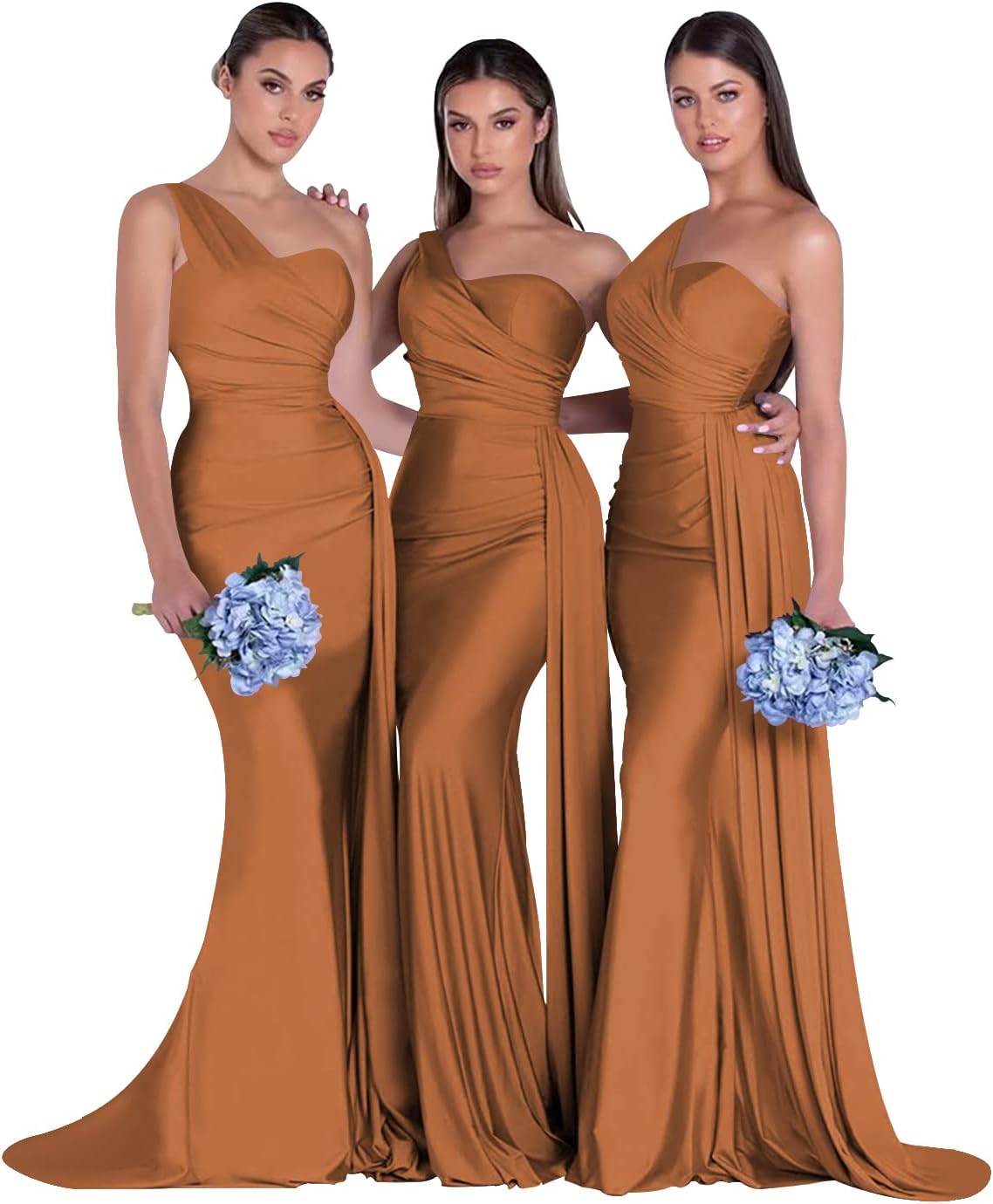 Women's One Shoulder Mermaid Bridesmaid Dresses Long Ruched Bodycon Satin Formal Prom Gowns