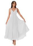 V-Neck Pleated Bridesmaid Dresses for Women Chiffon Spaghetti Straps Pleates Long Formal Wedding Guest Dress