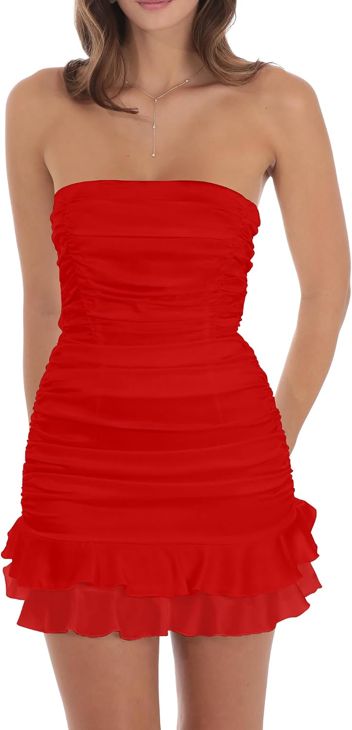 Women's Sexy Tube Top Bodycon Mini Dress Strapless Ruffle Bow Back Ruched Party Short Dresses