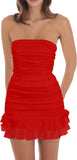 Women's Sexy Tube Top Bodycon Mini Dress Strapless Ruffle Bow Back Ruched Party Short Dresses