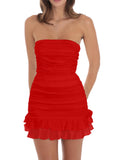 Women's Sexy Tube Top Bodycon Mini Dress Strapless Ruffle Bow Back Ruched Party Short Dresses