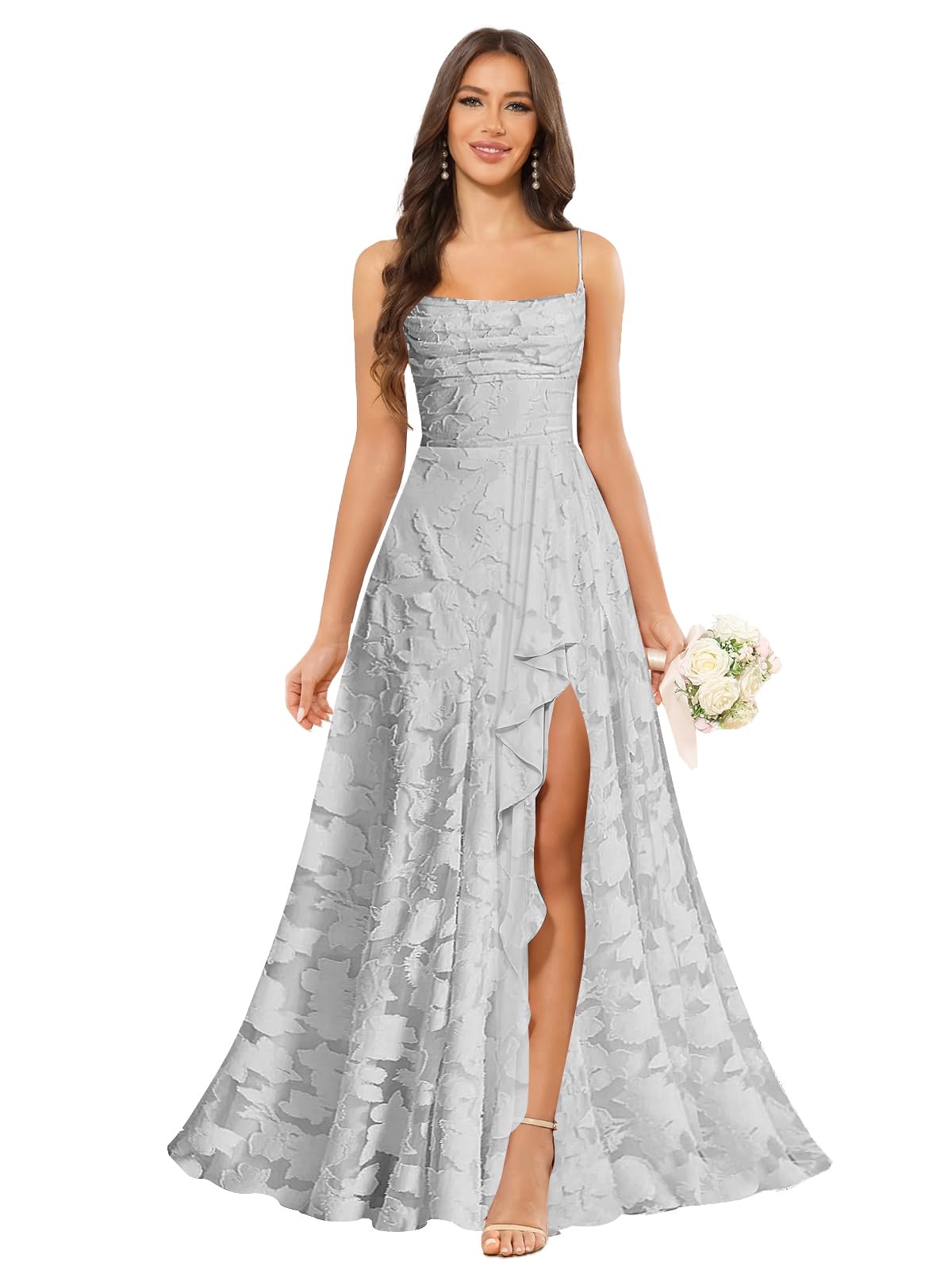 Women’s Ruffled Bridesmaid Dresses Scoop Neck Floral Chiffon Formal Dress Wrap Pleated Wedding Guest Dress
