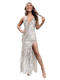 Spaghetti Straps Sequin Prom Dresses for Women Sparkly Long V Neck Mermaid Formal Evening Party Gowns with Slit