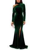 Mermaid Velvet Prom Dresses with Slit 2027 Long Sleeve Formal Dress for Women One Shoulder Evening Party Gowns