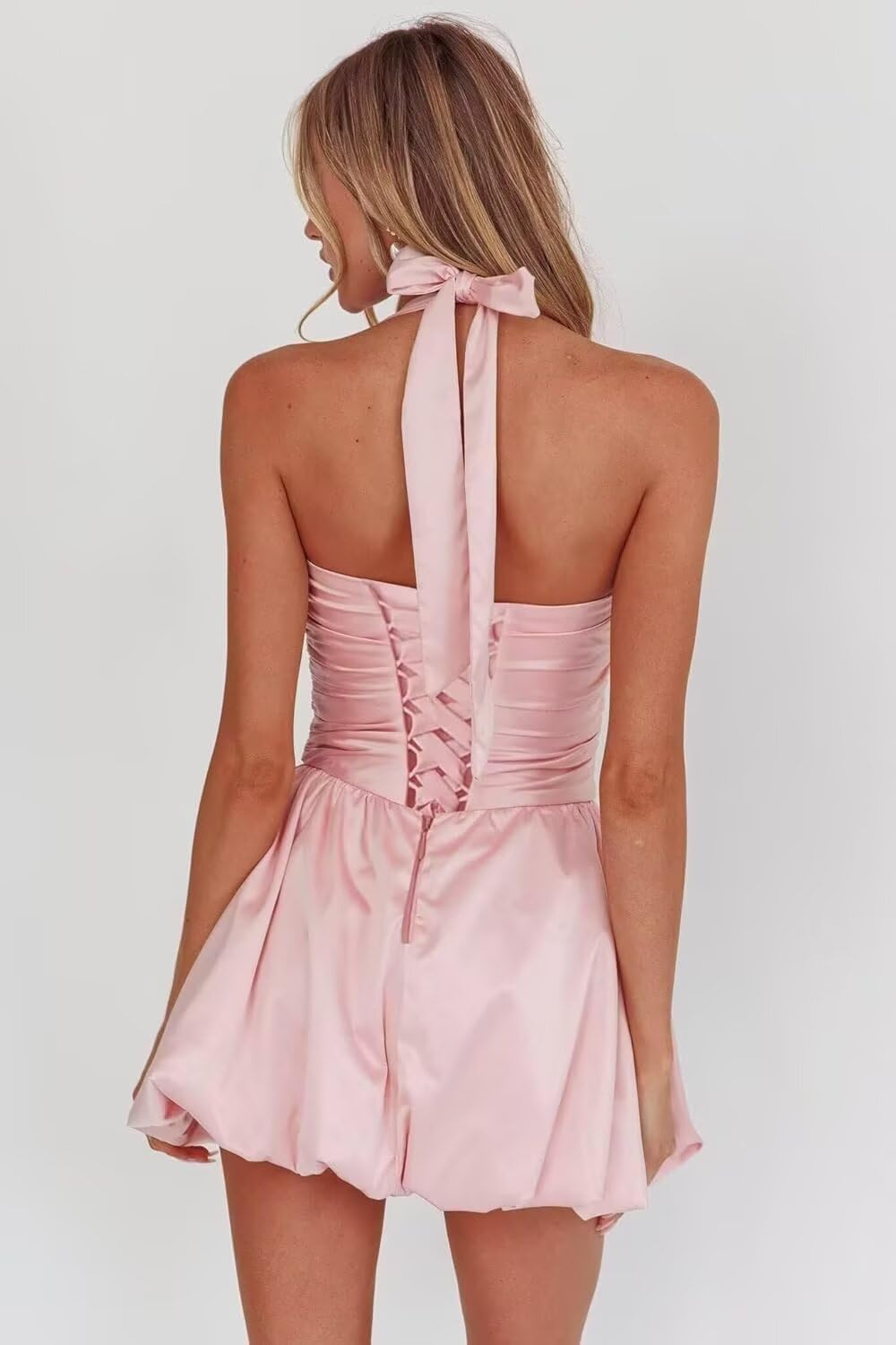 Satin Halter Homecoming Dresses for Teens Short Prom Dress 2027 Flower Bud Ruched Formal Cocktail Gown with Pockets