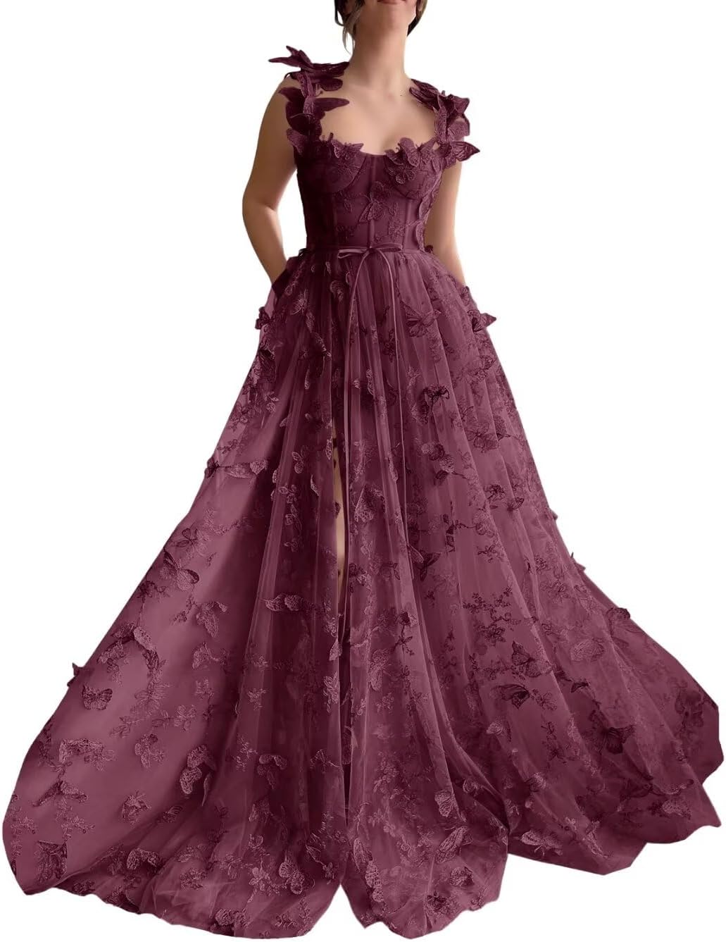 Vestidos de fiesta largos de tul con mariposas 3D para adolescentes, vestidos de fiesta formales de noche bordados con abertura 