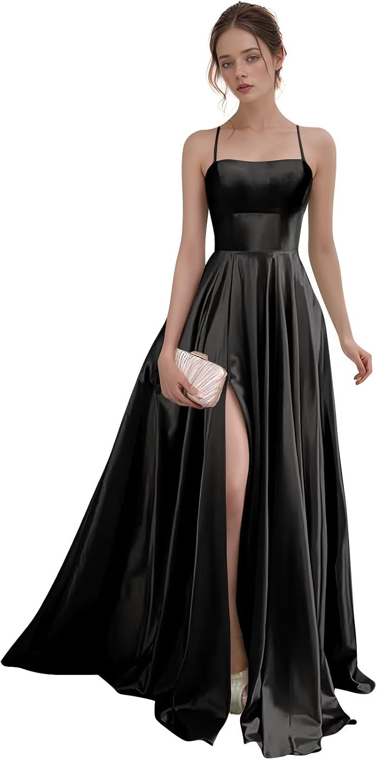 Women's Satin Prom Dresses with Slit Strapless A Line Corset Ball Gowns Spaghetti Straps Formal Evening Gowns with Pockets