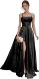Women's Satin Prom Dresses with Slit Strapless A Line Corset Ball Gowns Spaghetti Straps Formal Evening Gowns with Pockets