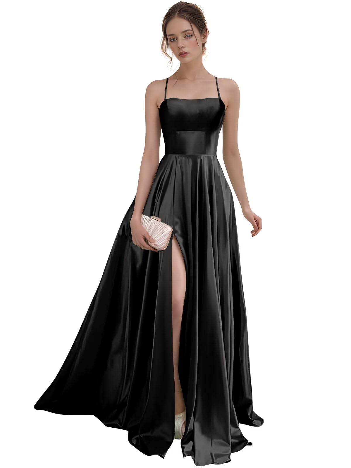 Women's Satin Prom Dresses with Slit Strapless A Line Corset Ball Gowns Spaghetti Straps Formal Evening Gowns with Pockets