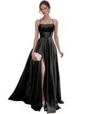 Women's Satin Prom Dresses with Slit Strapless A Line Corset Ball Gowns Spaghetti Straps Formal Evening Gowns with Pockets