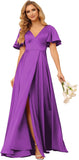 Women's V Neck Ruffle Sleeves Bridesmaid Dresses with Slit 2025 Satin A-Line Formal Evening Gowns