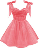 Tulle Short Homecoming Dress for Teens Sparkly Lace DAMA Dresses for Quinceanera Spaghetti Straps Bow Prom Gown