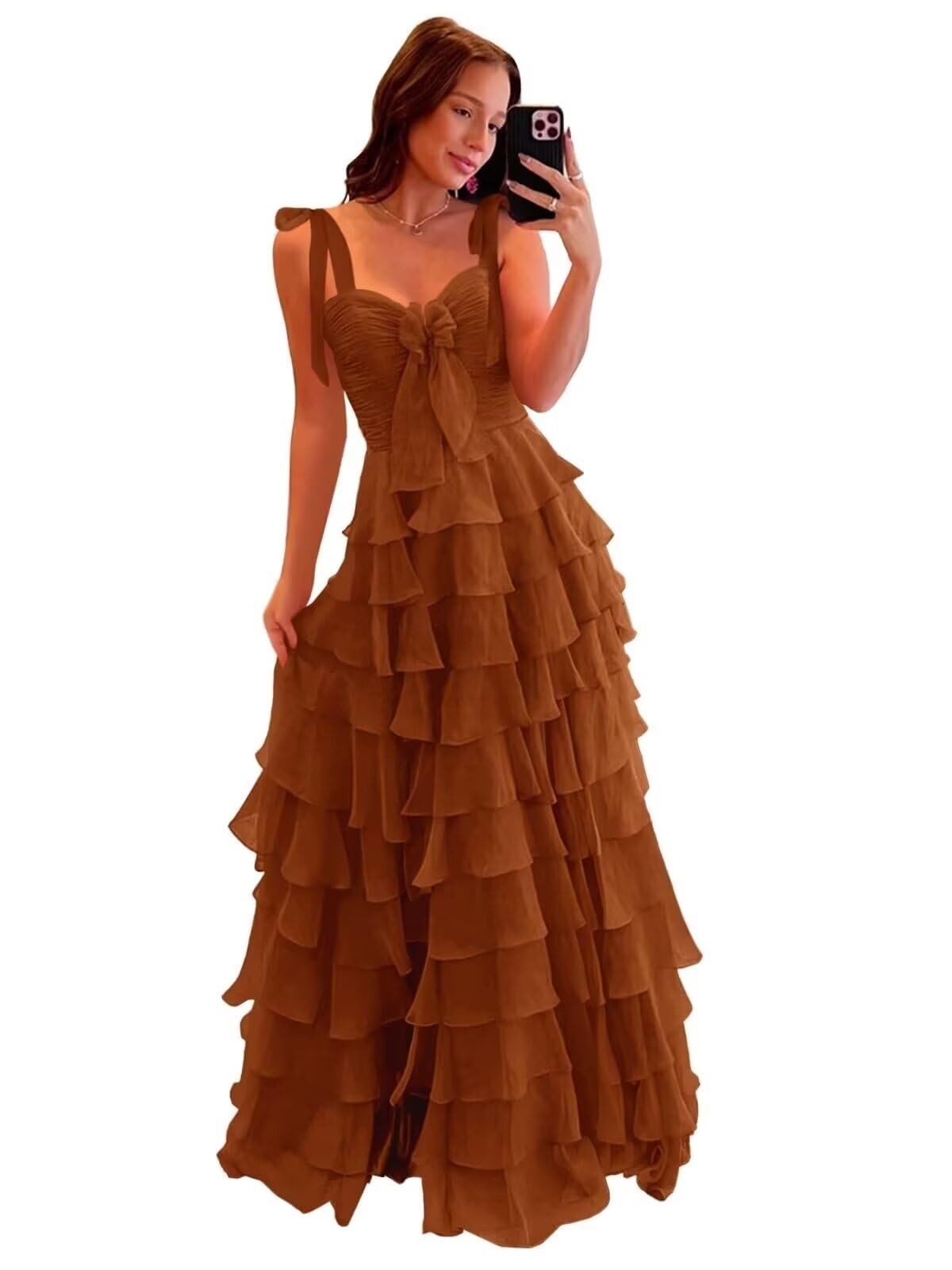 Tiered Prom Dresses with Bow Long A-Line Chiffon Formal Evening Dress for Women Spaghetti Straps Slit Ball Gown