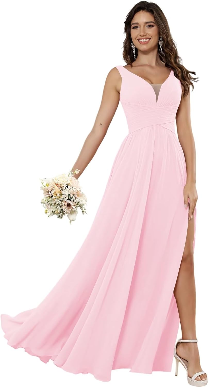 Vestidos de dama de honor sencillos de gasa para mujer con bolsillos, vestidos formales largos con escote en V y abertura 