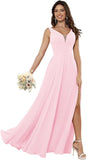 Vestidos de dama de honor sencillos de gasa para mujer con bolsillos, vestidos formales largos con escote en V y abertura 